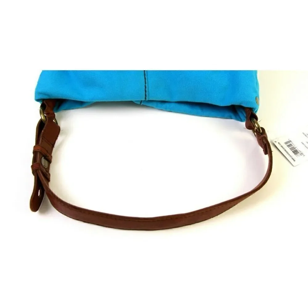 LUCKY BRAND BANDIT FOLDOVER BLUE COTTON BROWN LEATHER TOTE SHOULDER BAG HANDBAG